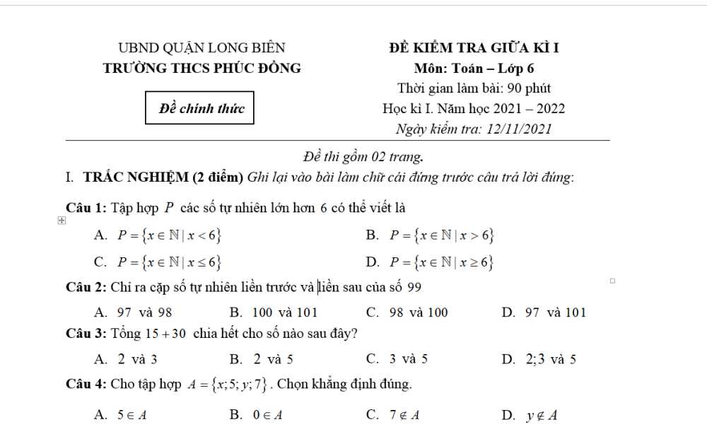 Toán 6: Đề kiểm tra giữa học kì 1. Trường THCS Phúc Đồng-Long Biên năm học 2021-2022